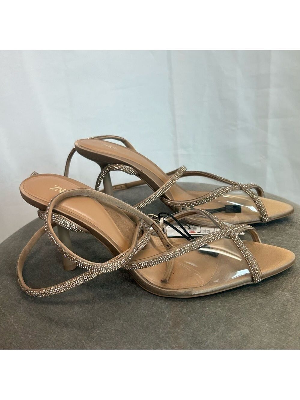 Zara Sandy Brown Crystal rhinestone lace up vinyl strappy high heel sandals 6.5 - Picture 6 of 10